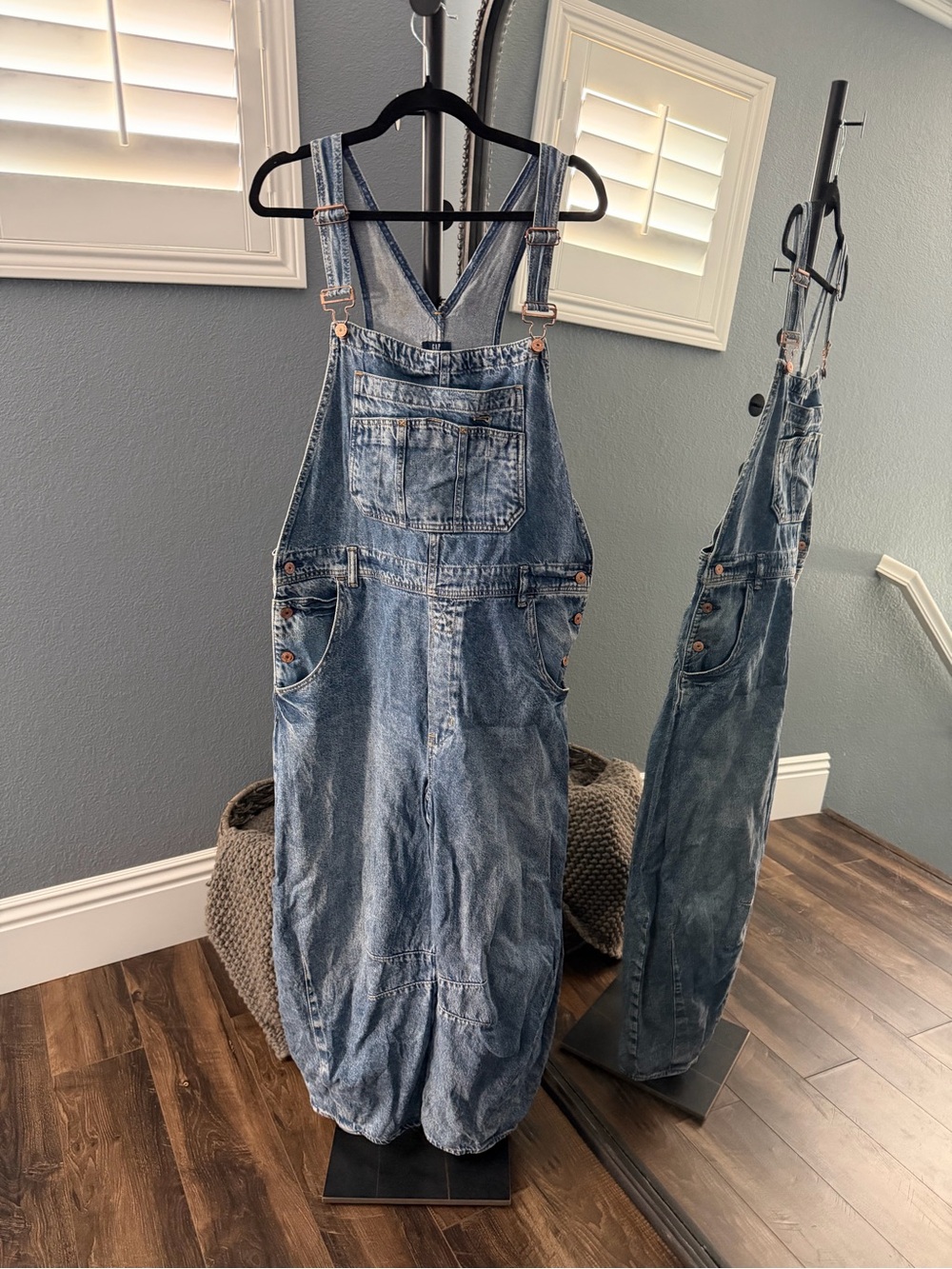 GAP Ultrasoft Denim Horseshoe Overalls in Medium Indigo - Picture 3 of 7